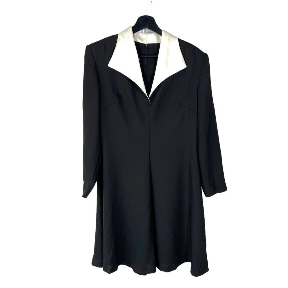 Vintage 90s Black White Collared Long Sleeve Knee Length Dress 12